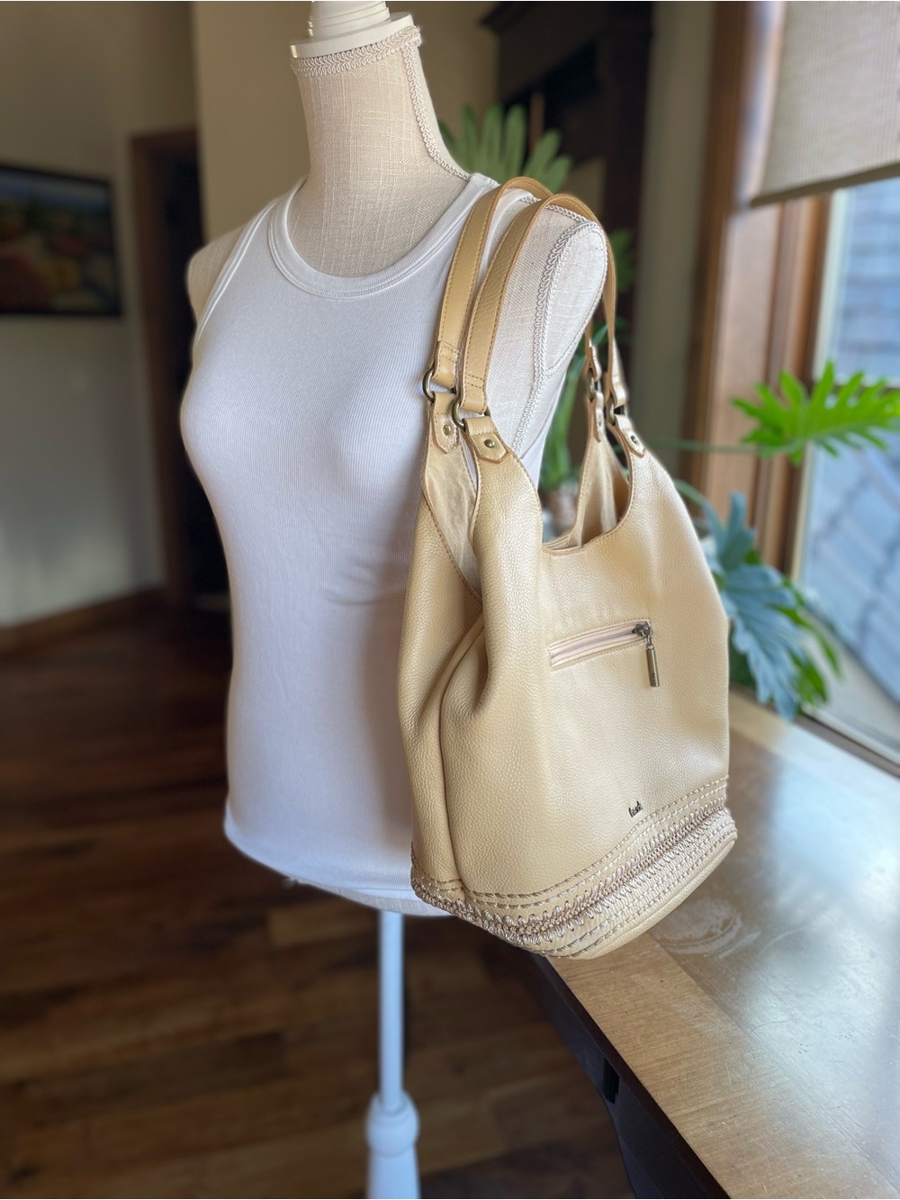 The Sak Beige Leather Shoulder Bag with Braided Trim